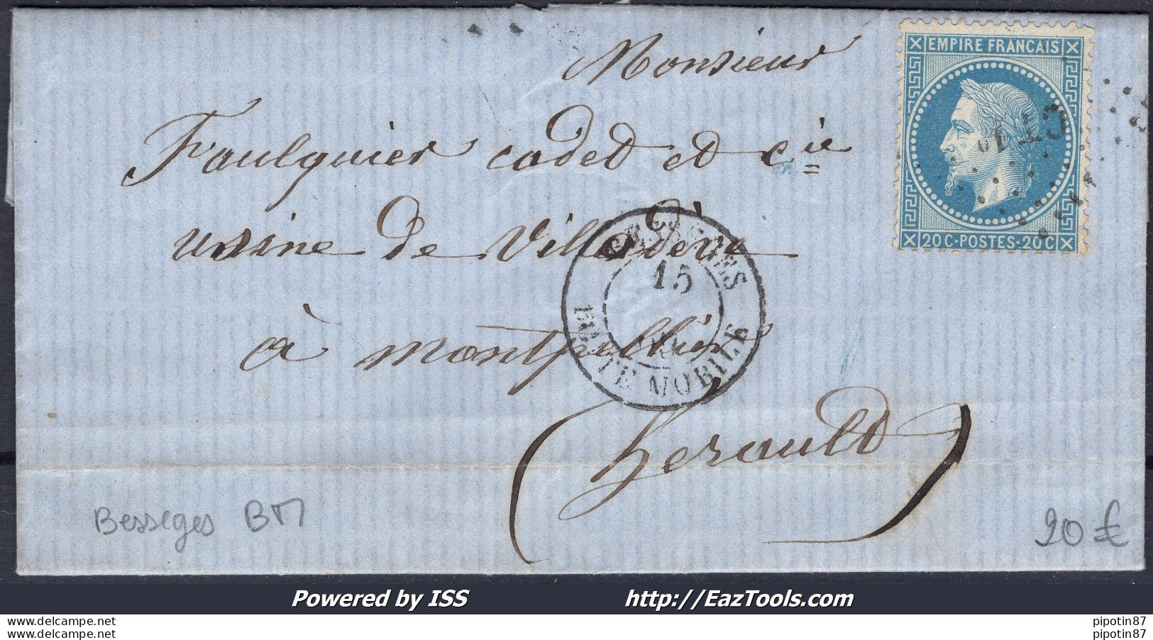 FRANCE N° 29B SUR LETTRE AMBULANT CT1° + CAD BESSEGES BOITE MOBILE DU 15/05/1869 - 1863-1870 Napoléon III Con Laureles