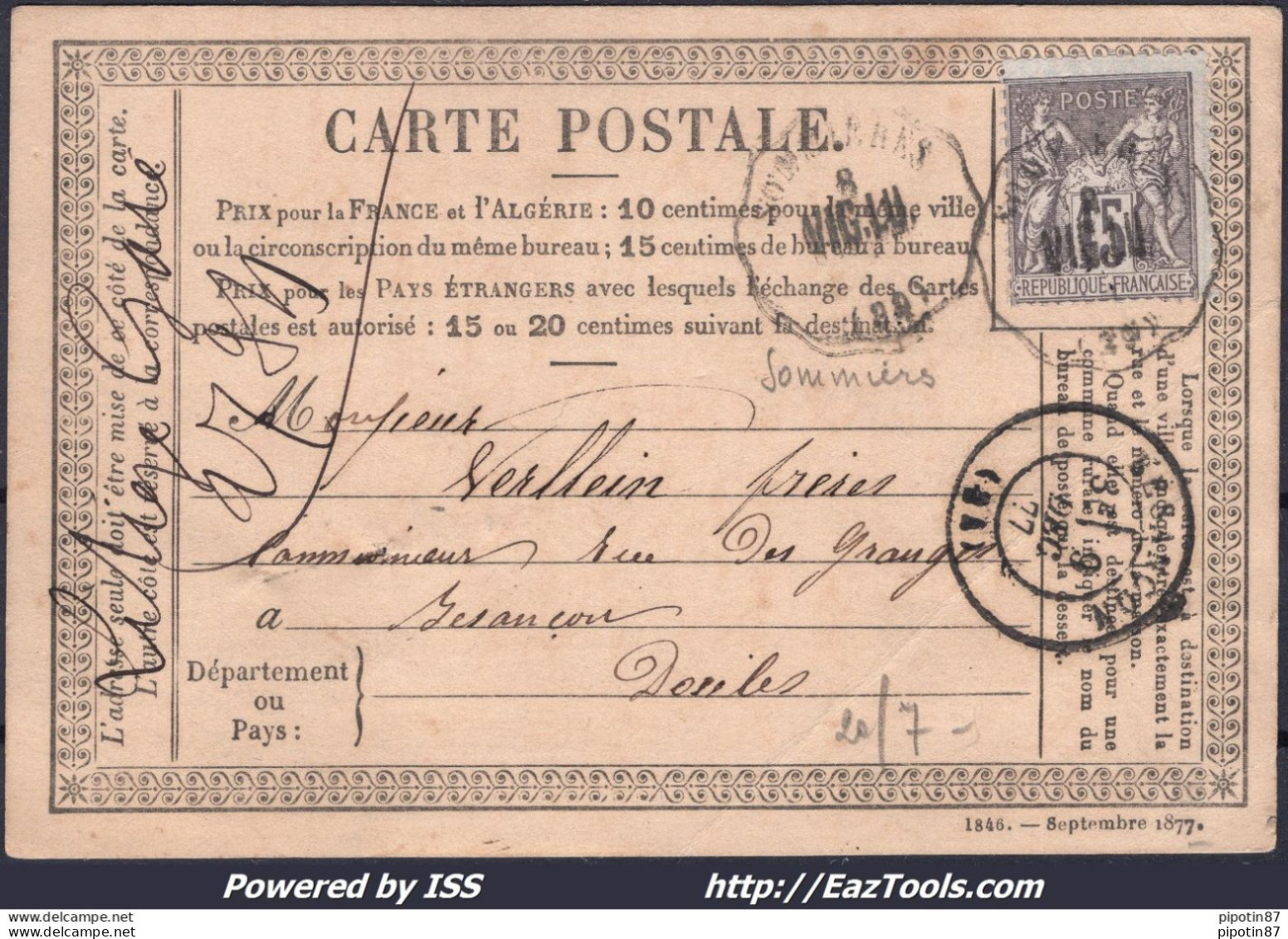 FRANCE N°77 SUR CP AVEC CONVOYEUR DE STATION SOMMIERES LIGNE 267 VIG.LU. - 1876-1898 Sage (Tipo II)