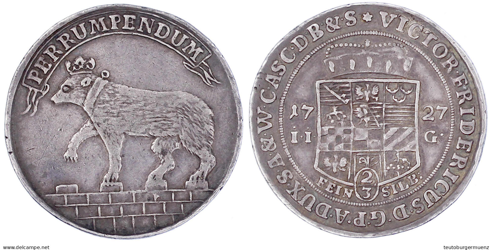 2/3 Feinsilber-Taler 1727 IIG, Stolberg. Wappen/Bär Auf Mauer Mit Tor. Gutes Sehr Schön, Schöne Tönung, Selten Ex. Der L - Gold Coins