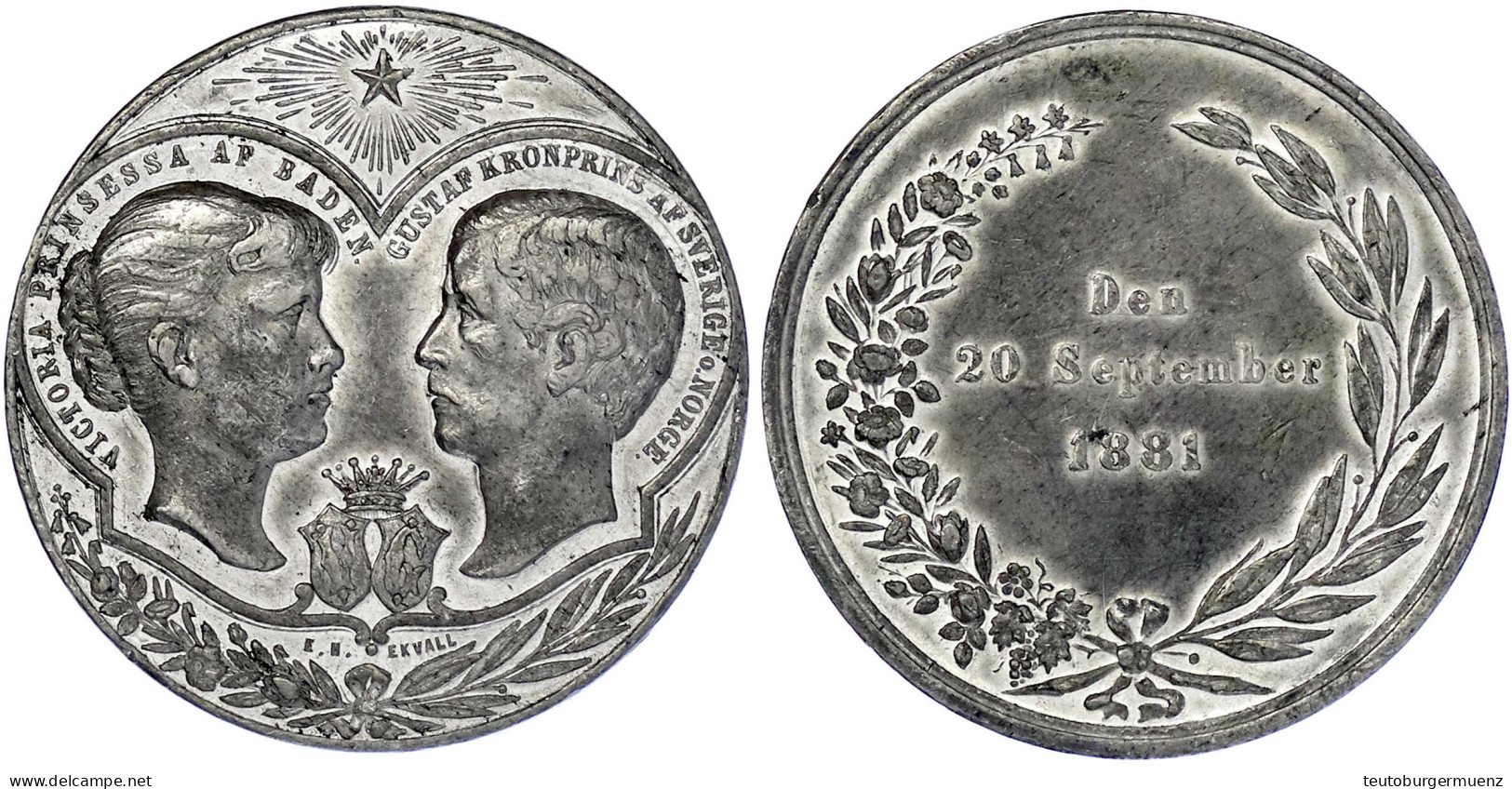 Zinnmedaille 1881 Von Ekvall. Hochzeit Der Prinzessin Victoria Von Baden Mit Dem Kronprinzen Gustav Von Schweden. 44 Mm. - Pièces De Monnaie D'or