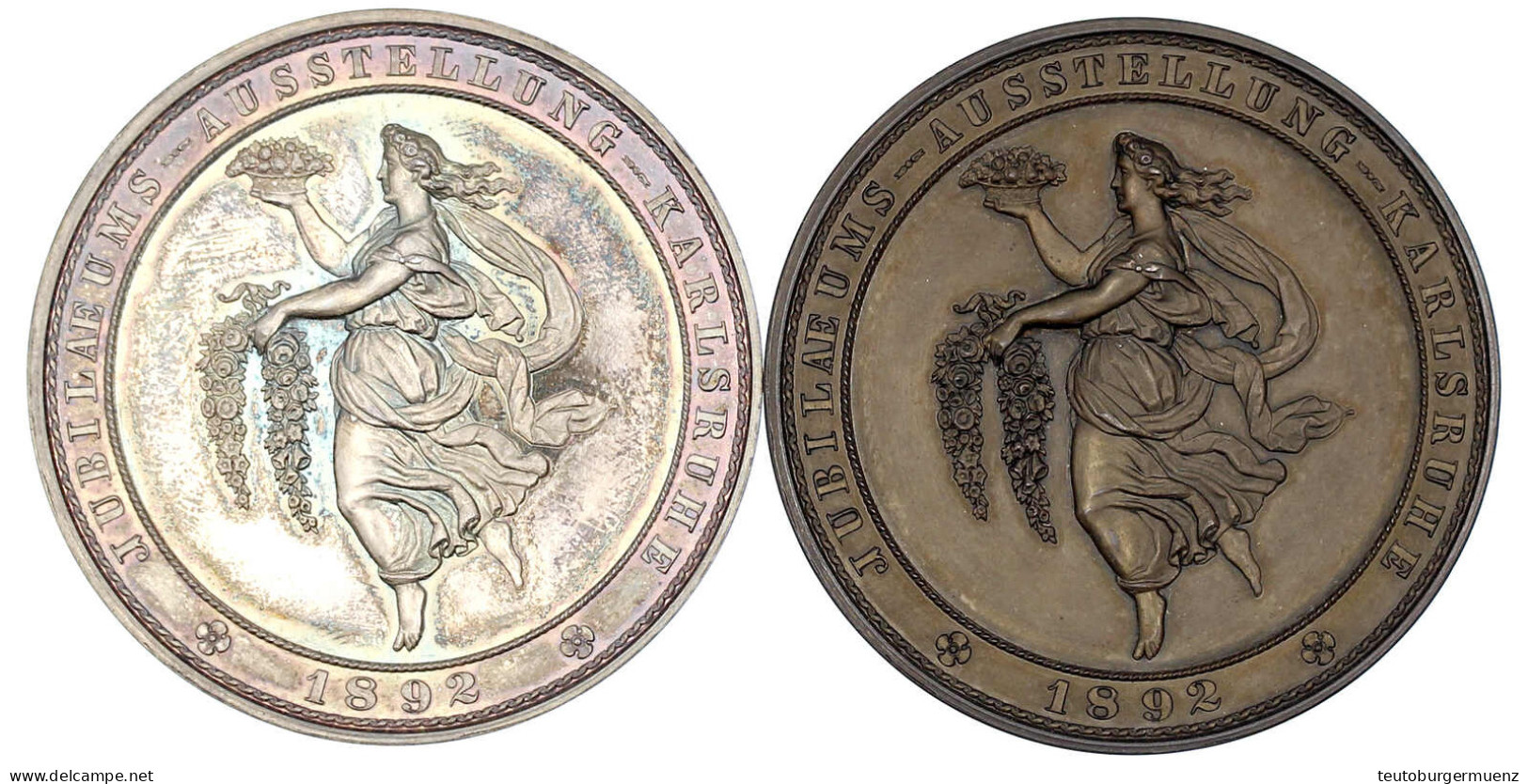 2 Stück: Silber- Und Bronzemedaille 1892 Von M. Mayer. Badischer Landesgartenbauverein, Jub.-Ausst. In Karlsruhe. Je 47  - Pièces De Monnaie D'or