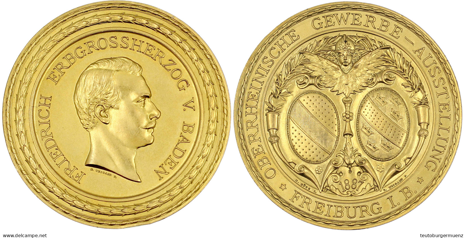 Vergoldete Bronzemedaille 1887 Auf Die Oberrheinische Gewerbeausstellung In Freiburg I. B. Kopf Friedrichs N.r./die Wapp - Gold Coins