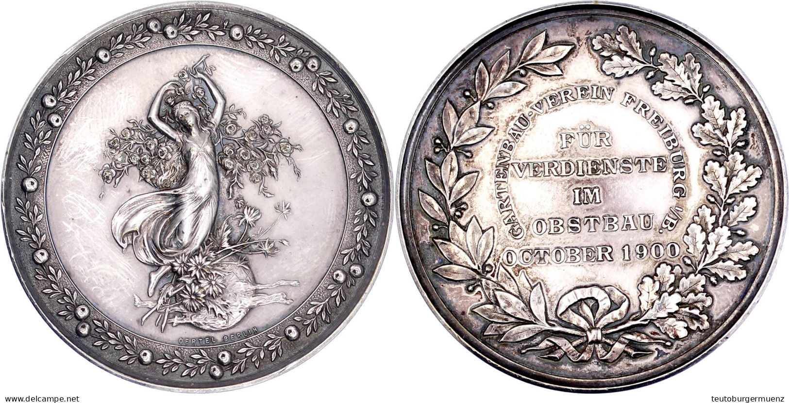 Silbermedaille Des Gartenbau-Vereins Freiburg I.B. 1900, Für Verdienste Im Obstbau Oktober 1900. Fortuna Auf Blumenkorb, - Pièces De Monnaie D'or