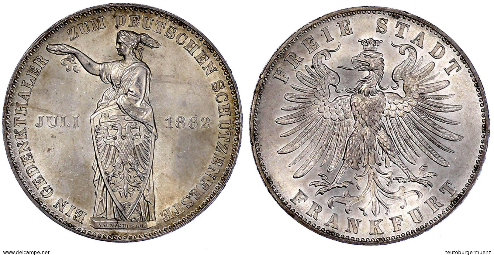 Vereinstaler 1862. Zum Deutschen Schützenfeste. Fast Stempelglanz, Prachtexemplar. Jaeger 51. Thun 146. AKS 44. - Gouden Munten