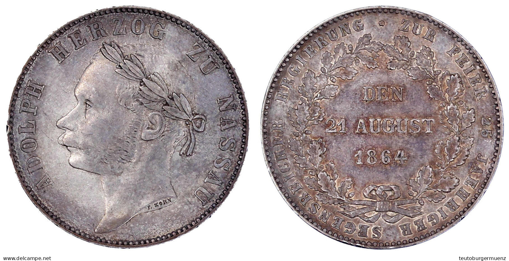 Vereinstaler 1864, Regierungsjubiläum. Vorzüglich/Stempelglanz, Schöne Patina. Jaeger 63. Thun 238. AKS 77. - Gold Coins