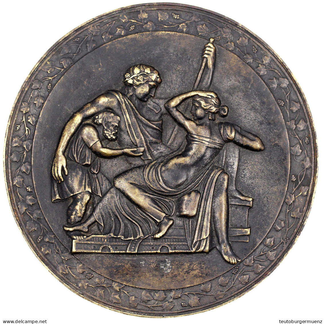 Einseitige Bronze-Hohlplakette O.J. (um 1800), Unsign. "Dionysos Mit Silen Und Baccantin", Die Auf Einem Schiffsheck Lag - Sonstige & Ohne Zuordnung