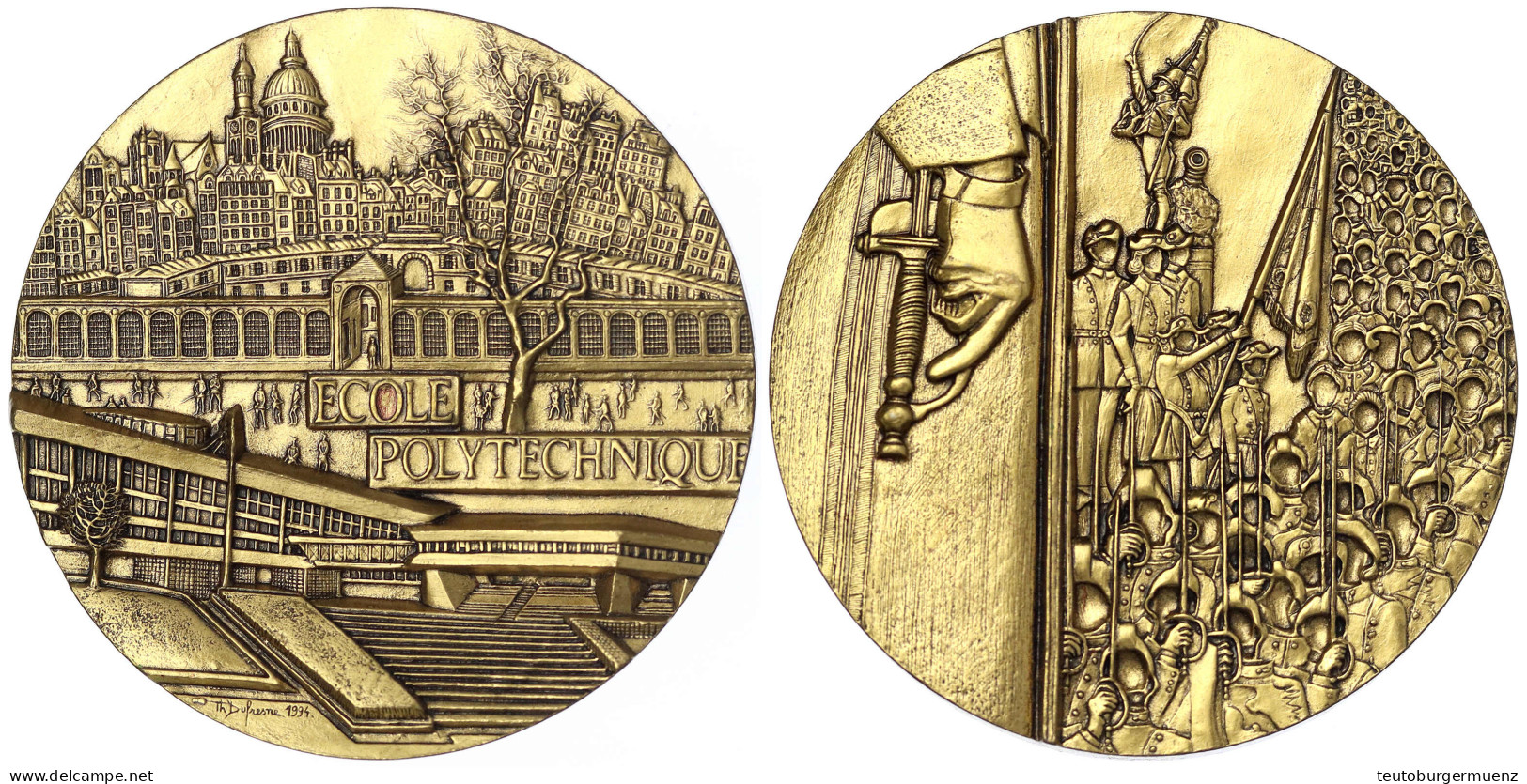 Aufwendig Gestaltete, Vergoldete Bronze-Reliefmedaille 1994 Von Dufresne. Polytechnische Schule In Palaiseau. 90 Mm. Nr. - Autres & Non Classés