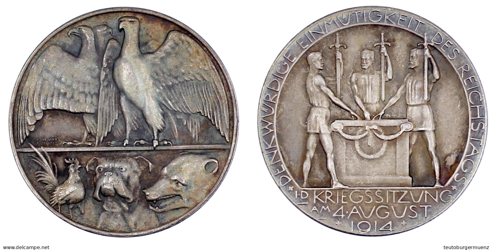 Silbermedaille 1914 Von Lauer. Kriegssitzung Im Reichstag. 34 Mm; 18,31 G. Vorzüglich, Mattiert, Schöne Patina. Zetzmann - Other & Unclassified