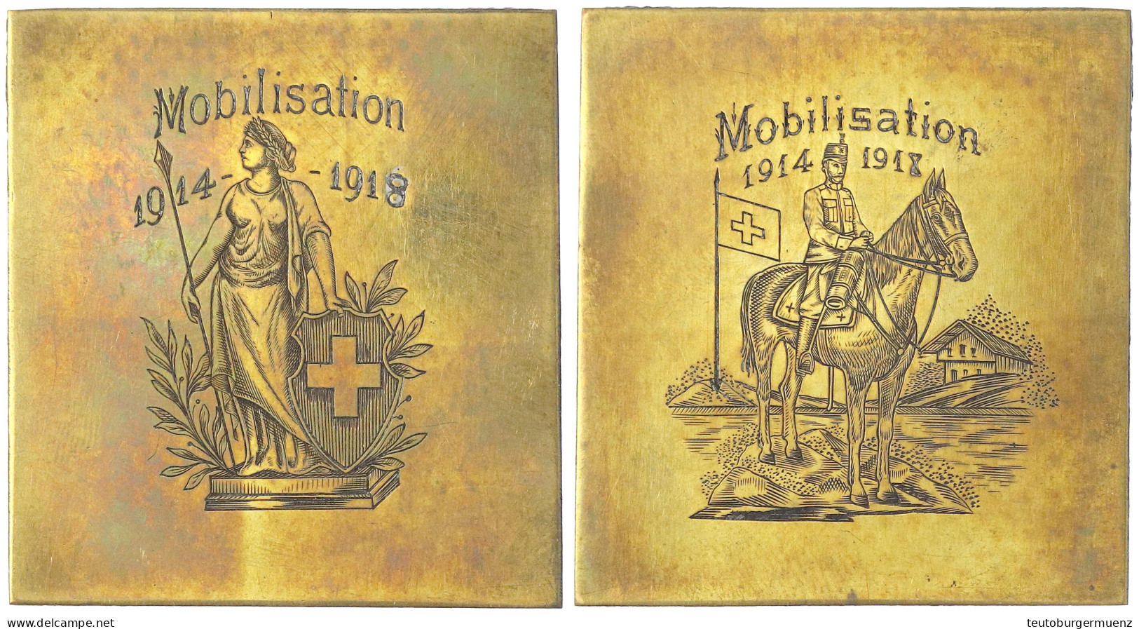 Schweiz: Rechteckige, Beidseitig Gravierte Messingplakette, Mobilisation 1914 - 1918, (zweimal Umgraviert, Von 1916 Auf  - Autres & Non Classés