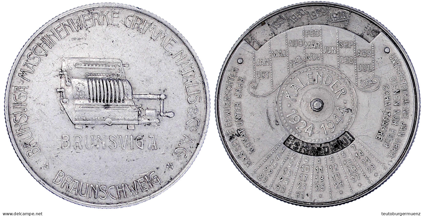 Bewegliche Aluminium-Kalendermedaille 1924-1944 Der Fa. Grimme, Natalis &amp; Co, Brunsviga. 38 Mm Sehr Schön/vorzüglich - Sonstige & Ohne Zuordnung