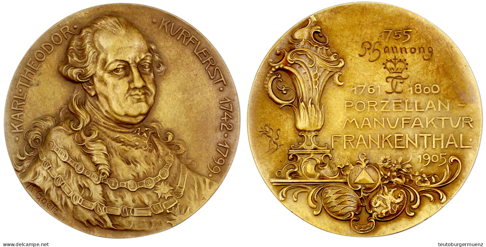 Bronzemedaille 1905 Porzellan-Manufaktur Frankenthal/Kurfürst Karl Theodor V. D. Pfalz. 72 Mm, 123,45 G. Vorzüglich, Sel - Andere & Zonder Classificatie