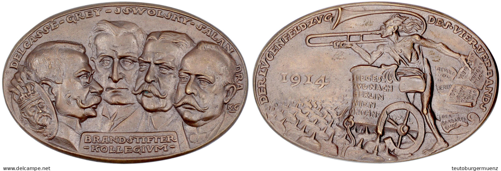 Große Ovale Bronzemedaille 1914. Brandstifter-Kollegium/Furie Mit Streitwagen. 90 X 60 Mm, 107,56 G. Vorzüglich/Stempelg - Autres & Non Classés