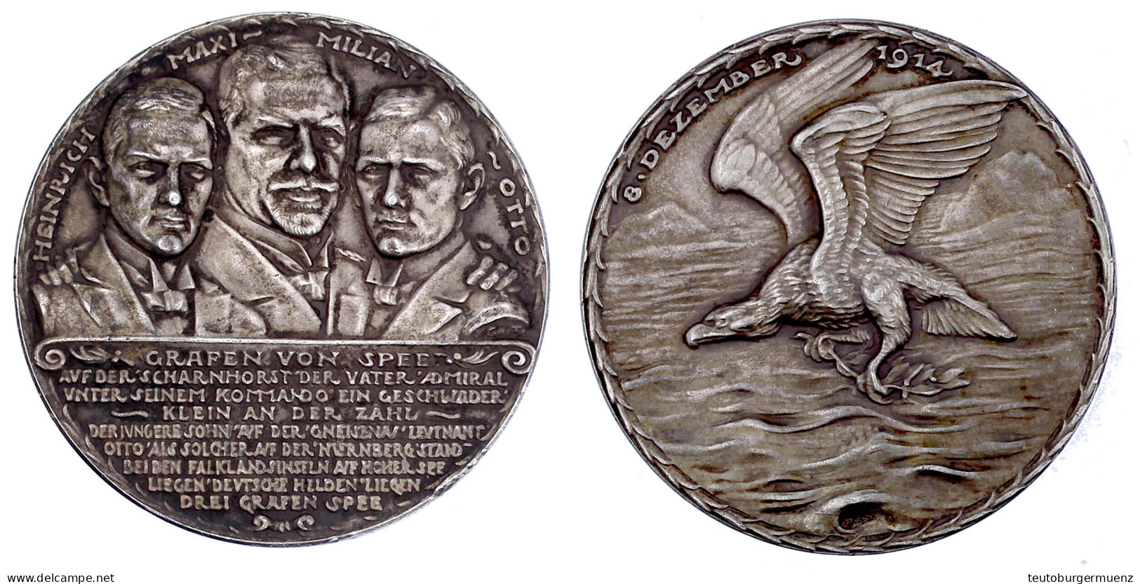 Silbermedaille 1914, Die Grafen Von Spee. 45 Mm, 39,71 G. . Vorzüglich, Schöne Patina, Selten. Kienast 146. - Autres & Non Classés