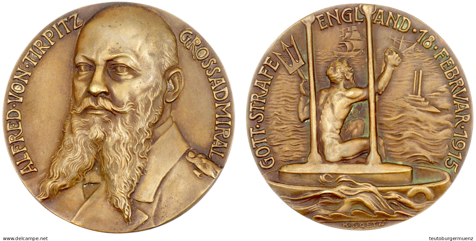 Große Bronzemedaille 1915, Grossadmiral Alfred Von Tirpitz. 80 Mm, 169,98 G. Gutes Vorzüglich, Selten. Kienast 155. - Autres & Non Classés