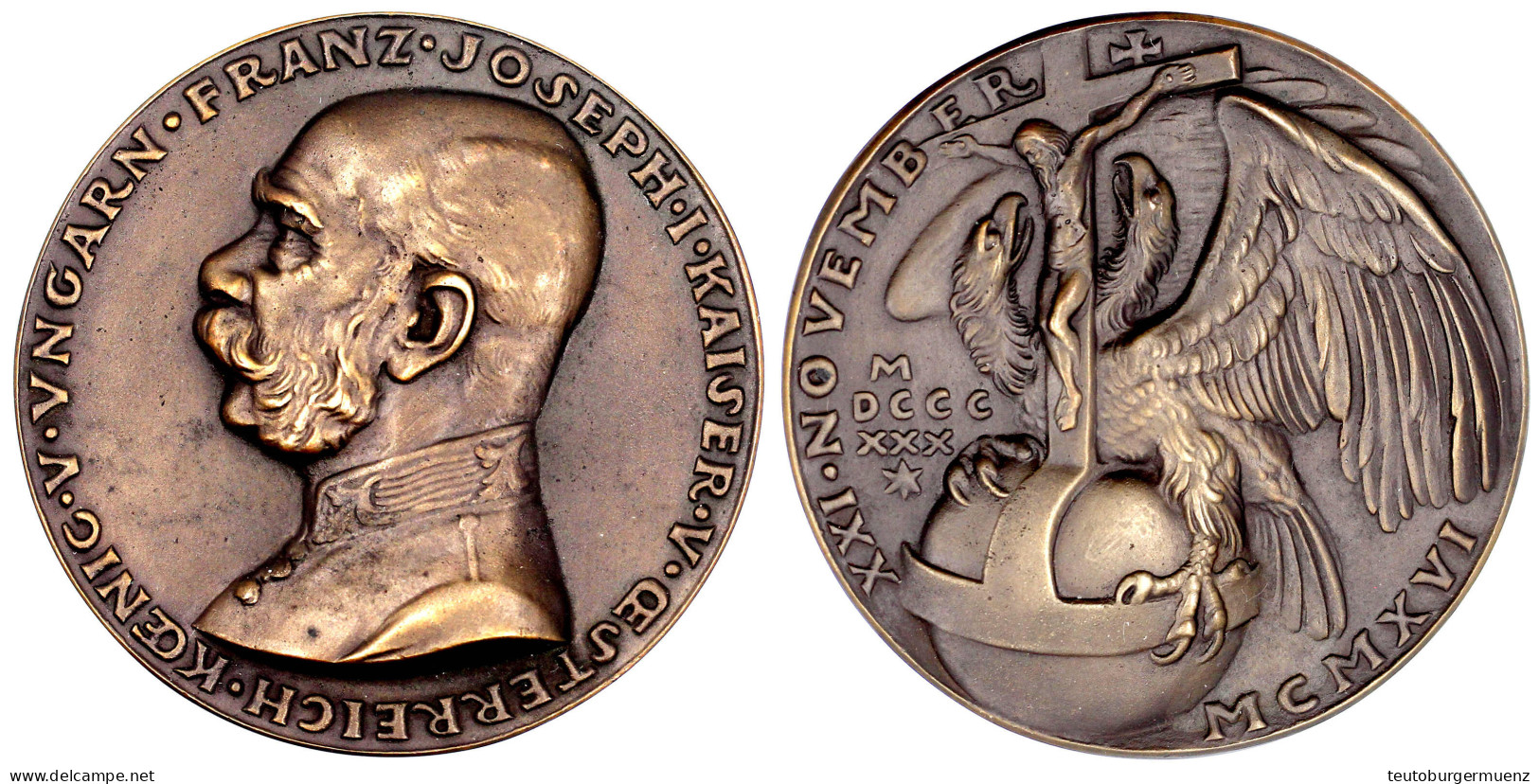 Große Bronzemedaille 1916, Auf Den Tod Franz Josephs Von Österreich. Brustbild L./Doppeladler Hinter Reichsapfel, An Des - Other & Unclassified