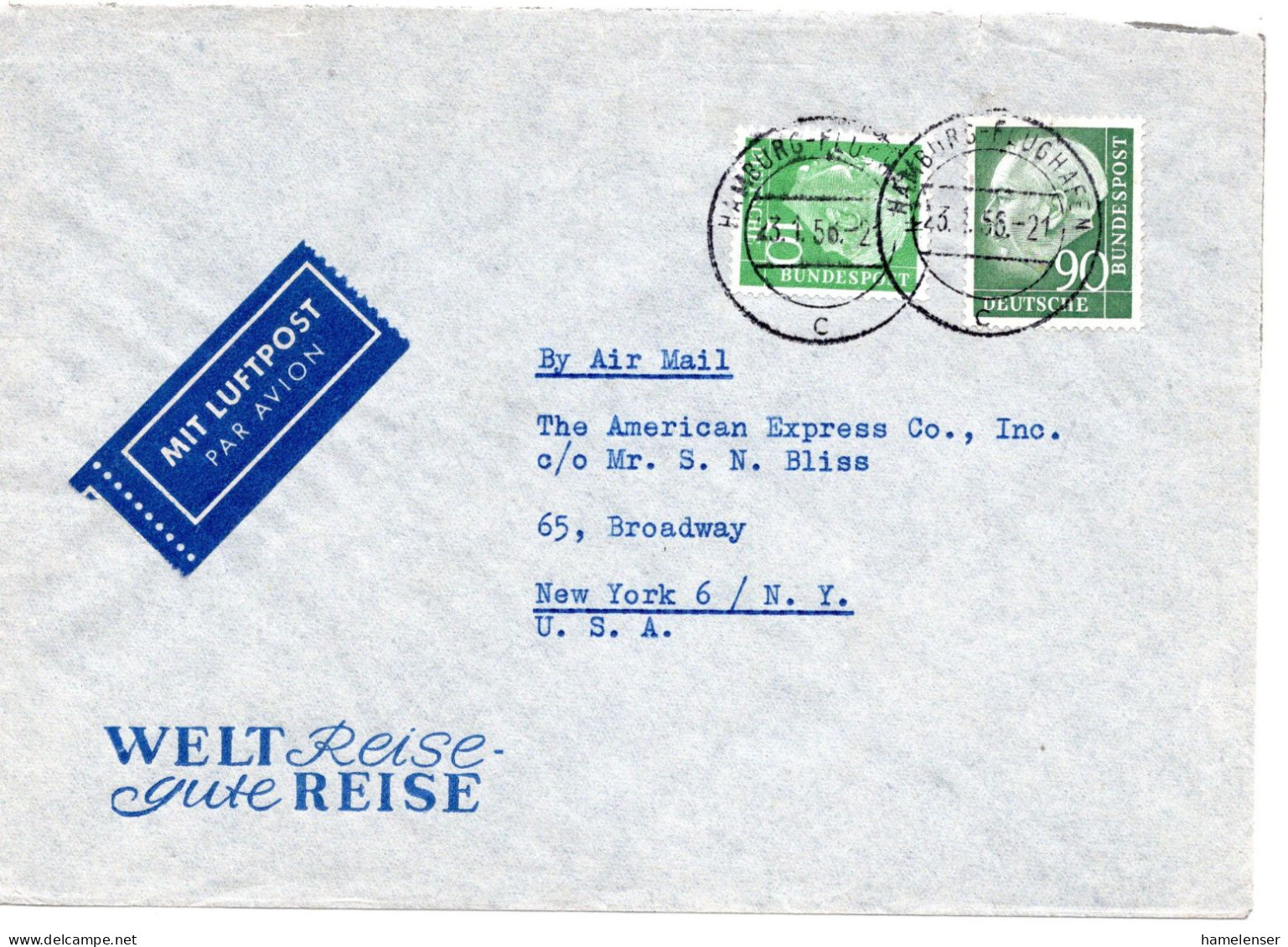 71650 - Bund - 1956 - 90Pfg Heuss I MiF A LpBf HAMBURG -> New York, NY (USA) - Brieven En Documenten