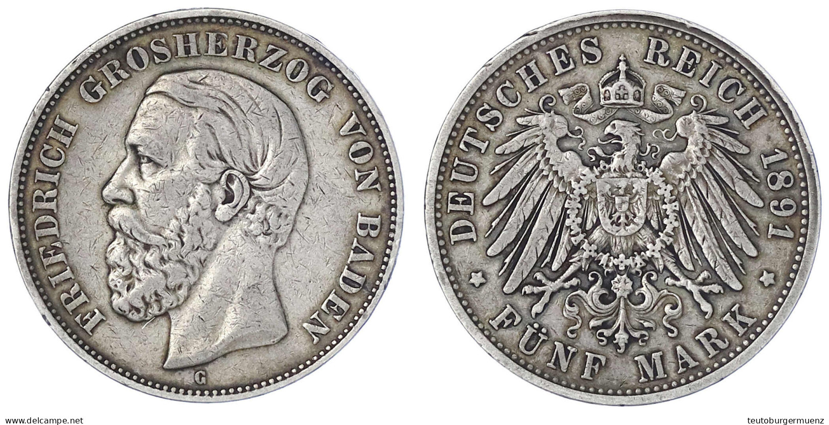 5 Mark 1891 G. A Ohne Querstrich. Sehr Schön, Kl. Randfehler, Selten. Jaeger 29 F. - Autres & Non Classés