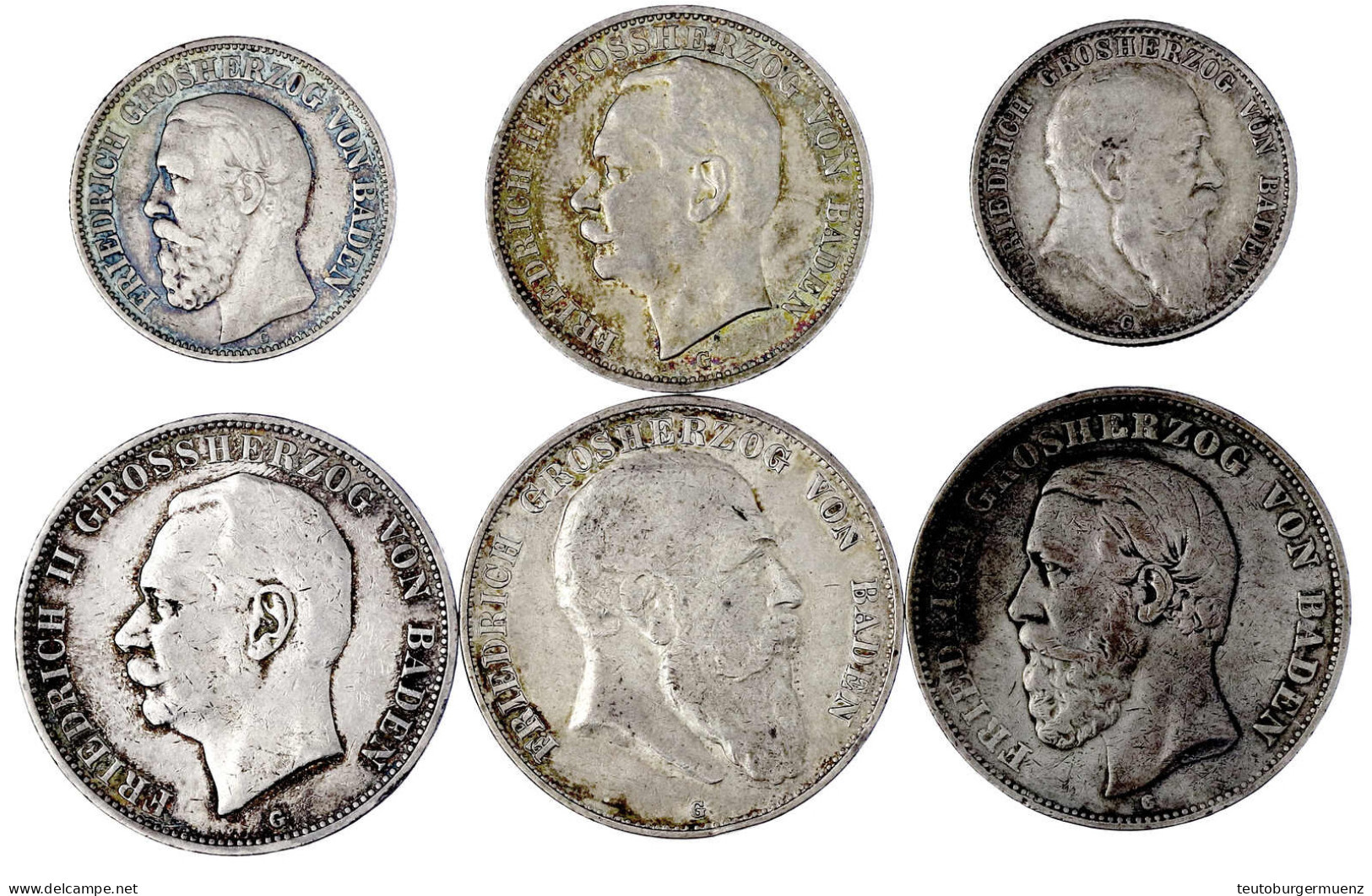 6 Münzen: 2 Mark 1876, 1907 (Kursmünze), 3 Mark 1910, 5 Mark 1875, 1903, 1908. Schön/sehr Schön Bis Vorzüglich - Autres & Non Classés