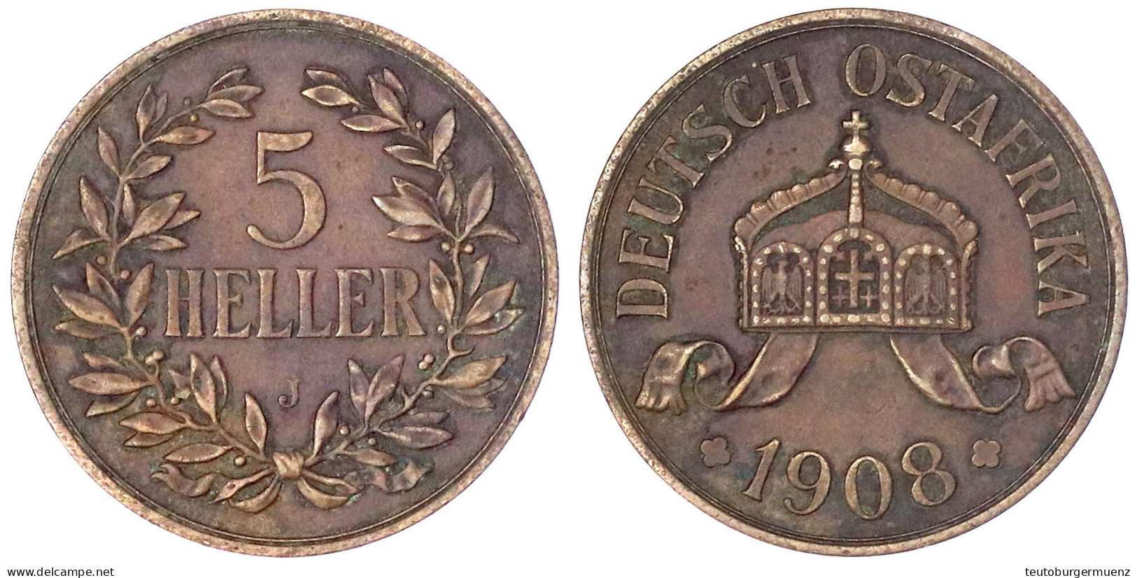 5 Heller 1908 J. Größte Deutsche Kupfermünze. Sehr Schön. Jaeger N 717. - Deutsch-Ostafrika