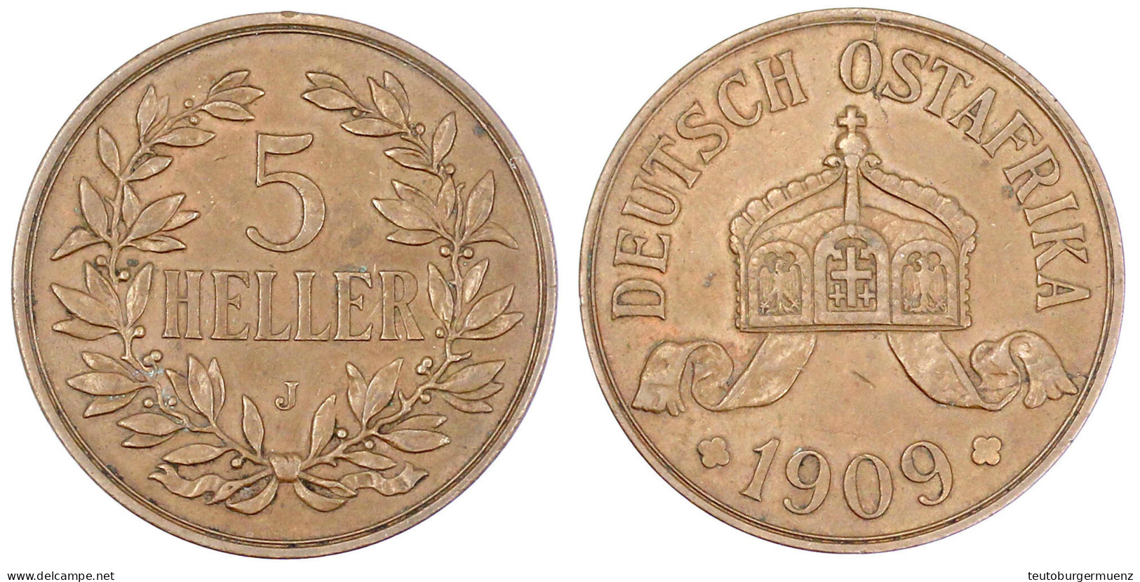 5 Heller 1909 J. Größte Deutsche Kupfermünze. Vorzüglich, Min. Kratzer. Jaeger N 717. - Afrique Orientale Allemande