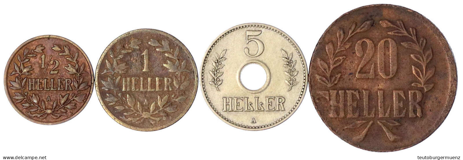 4 Stück: 5 Heller Lochgeld 1913 A, 1/2 Heller 1904 A, Heller 1905 A Und 20 Heller 1916 Kl. Krone (augensch. Kupfer J. 72 - Afrique Orientale Allemande