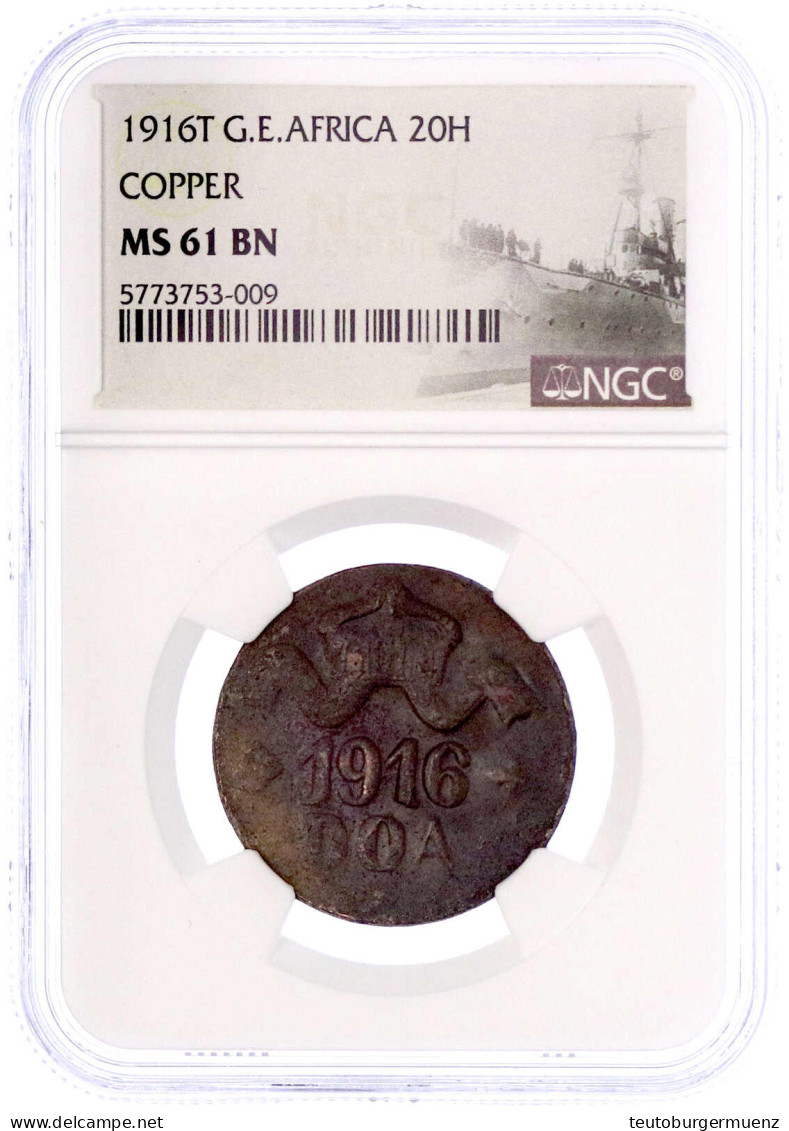 20 Heller 1916 T, Kupfer, Zweige Mit 3 Blättern Unter Wertangabe, Große Krone, L`s Unvollständig. Im NGC-Blister Mit Gra - África Oriental Alemana