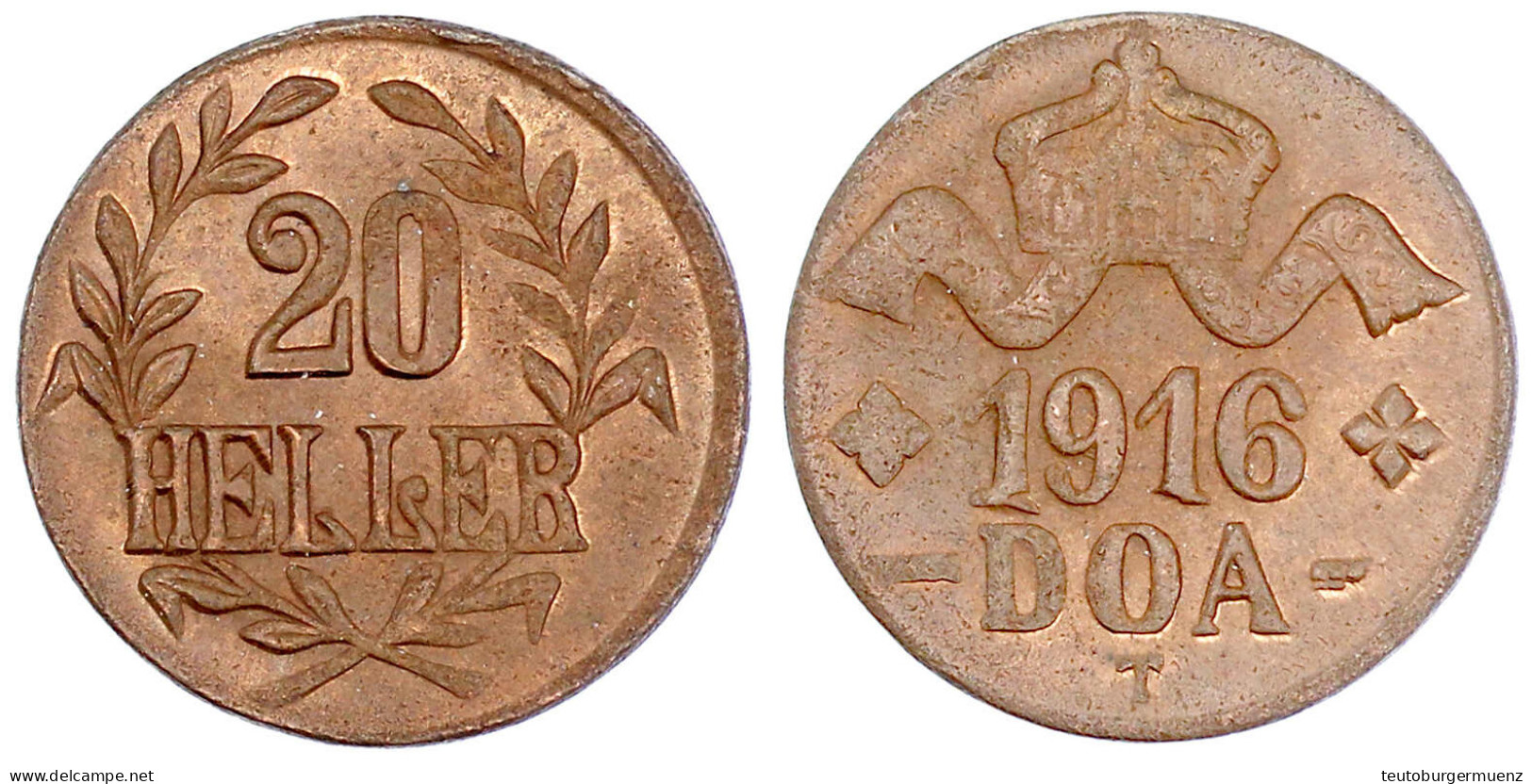 20 Heller 1916 T, Kupfer (RFA 98,67 % Kupfer), Zweige Mit 3 Blättern Unter Wertangabe, Große Krone, L`s Unvollständig. S - Deutsch-Ostafrika