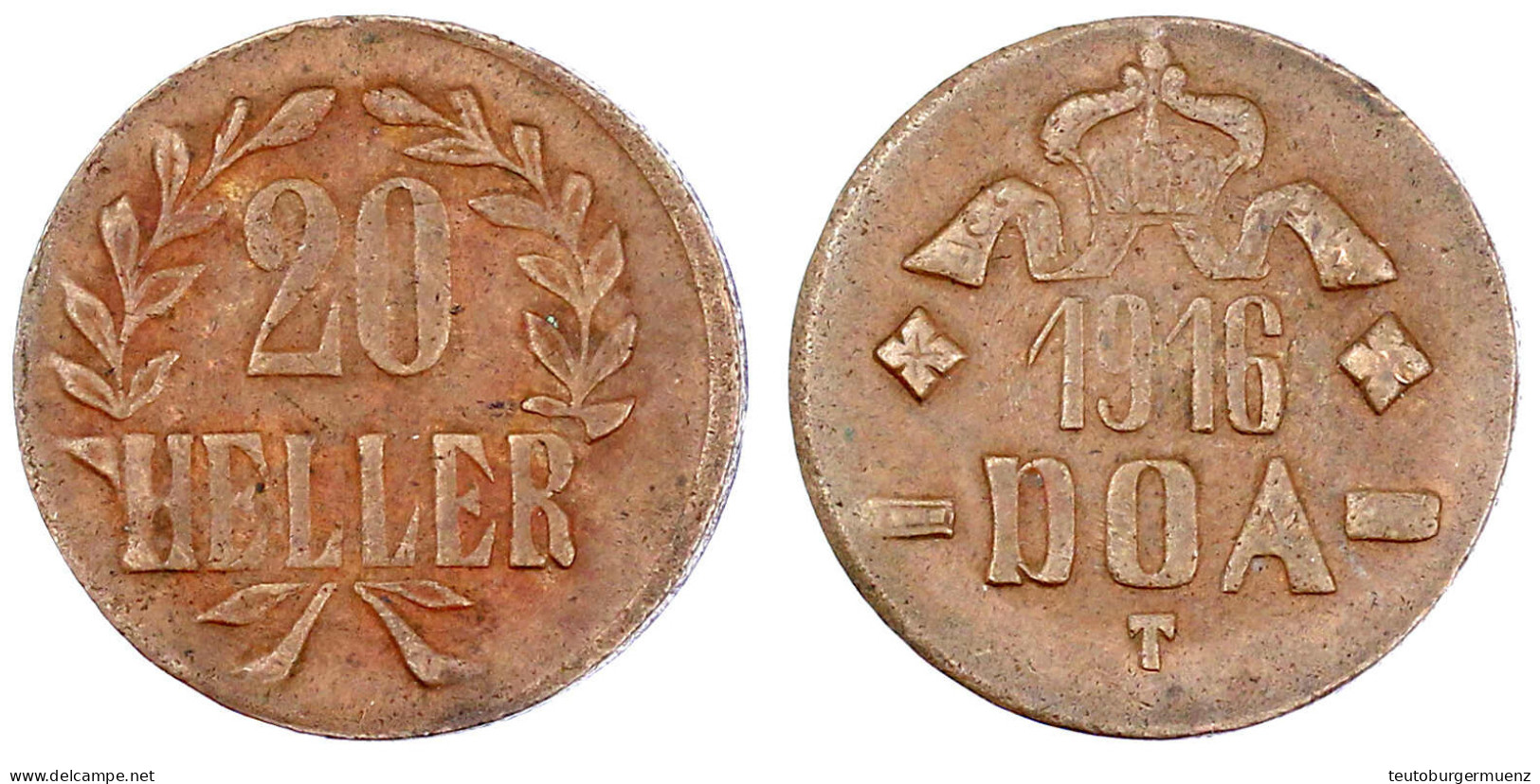 20 Heller 1916 T, Kupfer (RFA 98,67 % Kupfer), Schleife Unter Wertangabe, Kleine Krone. Sehr Schön/vorzüglich. Jaeger N  - German East Africa