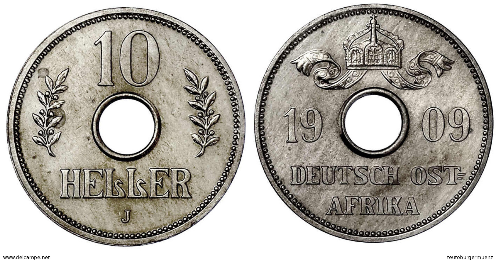 10 Heller Lochgeld 1909 J. Polierte Platte, Berieben, Selten. Jaeger 719. - Deutsch-Ostafrika