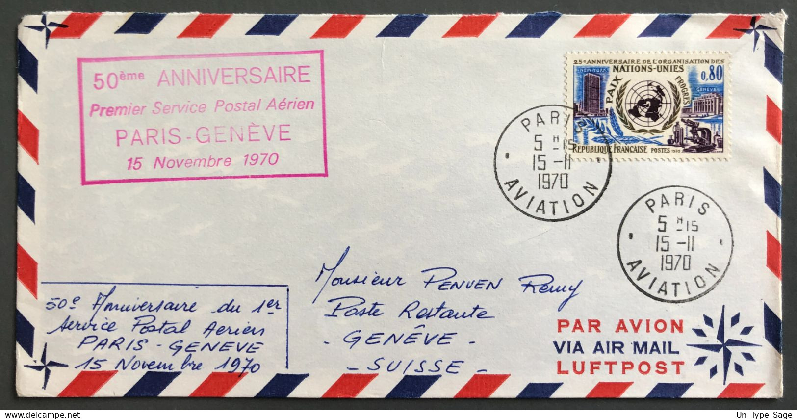 France, 50e Anniversaire PARIS - GENEVE 15.11.1970 Sur Enveloppe - (B2910) - Cachets Commémoratifs