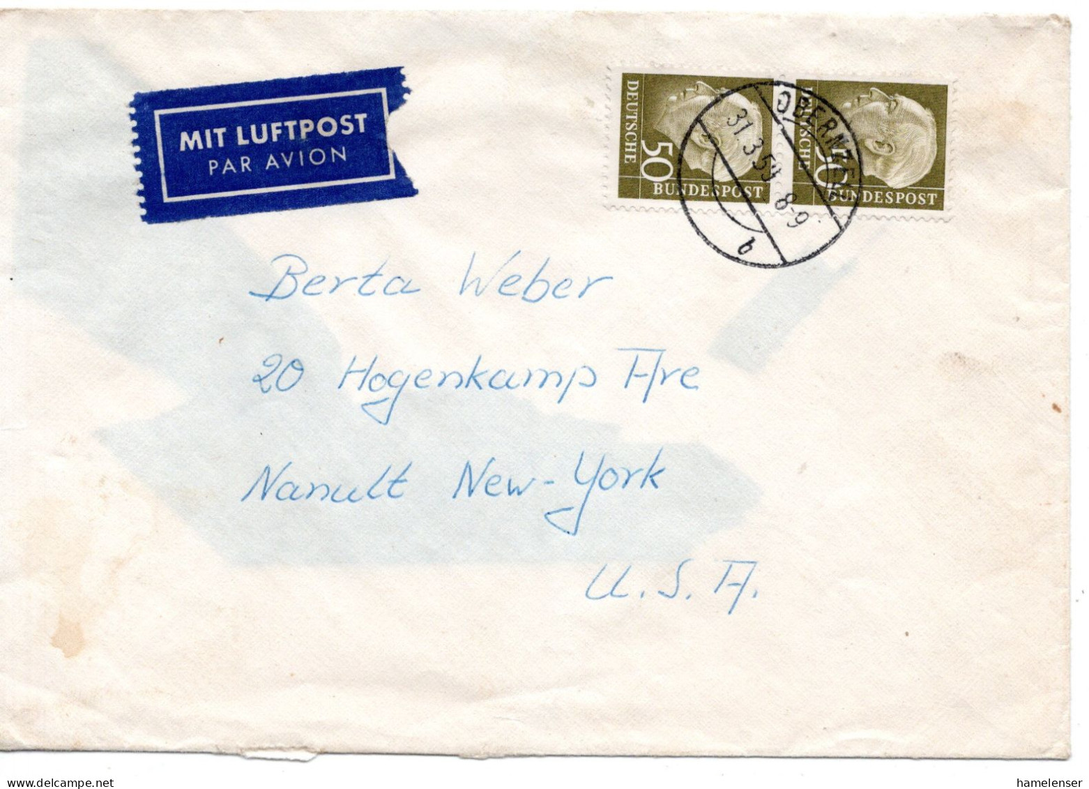 71653 - Bund - 1959 - 2@50Pfg Heuss II A LpBf OBERNZELL -> Nanult, NY (USA) - Cartas & Documentos