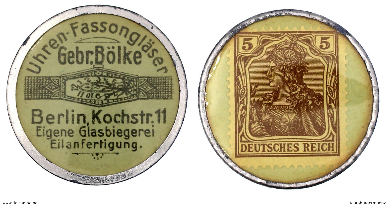 Briefmarkenkapselgeld, Uhren-Fassongläser Gebr. Bölke... O.J. Plastikhülle/Metallrand Mit 5 Pf. Germania, MUG Grün. Vorz - Sonstige & Ohne Zuordnung