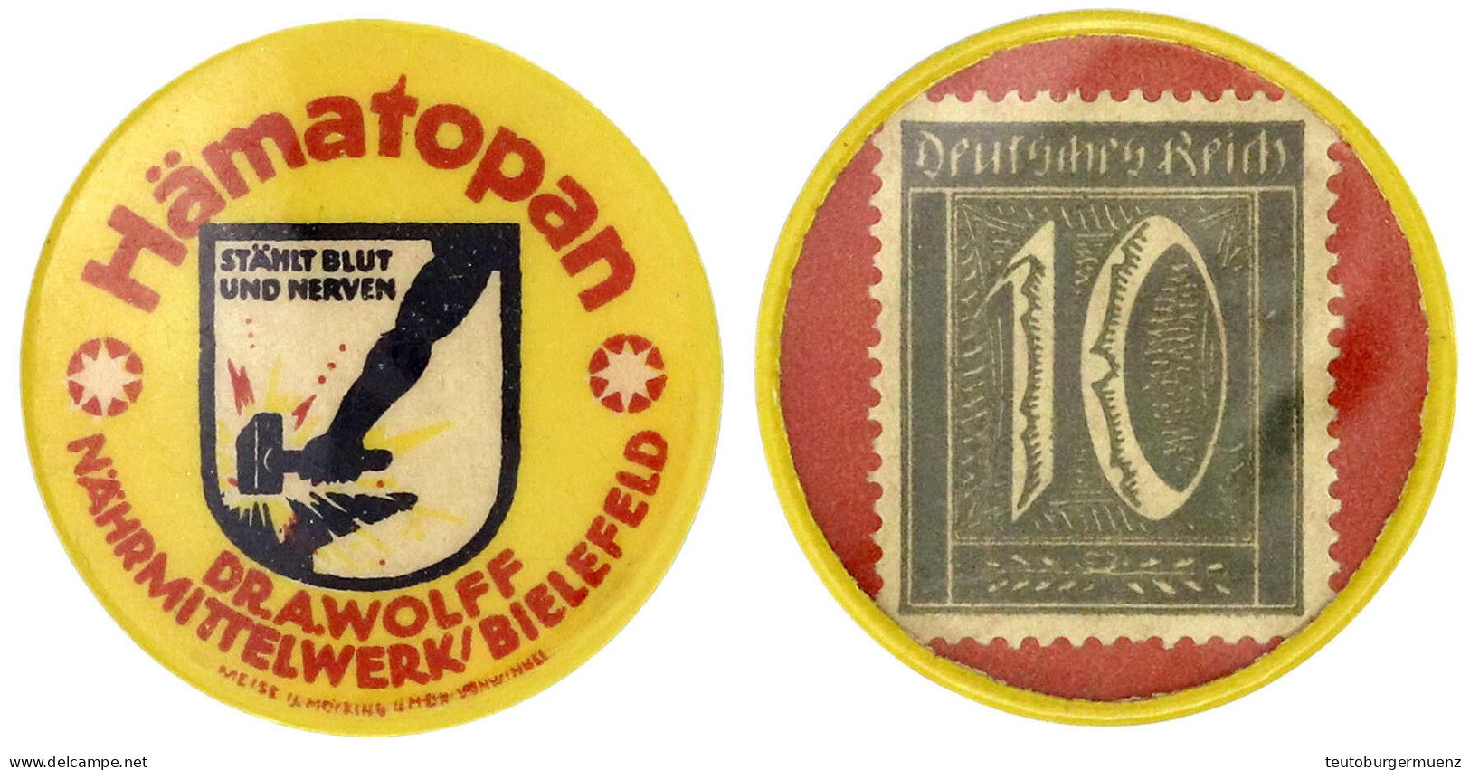 Briefmarkenkapselgeld: Hämatopan DR. A. WOLF O.J. Plastikhülle MUG Rot 10 Pf. Ziffer. Vorzüglich, Selten. Menzel 2763.3. - Other & Unclassified