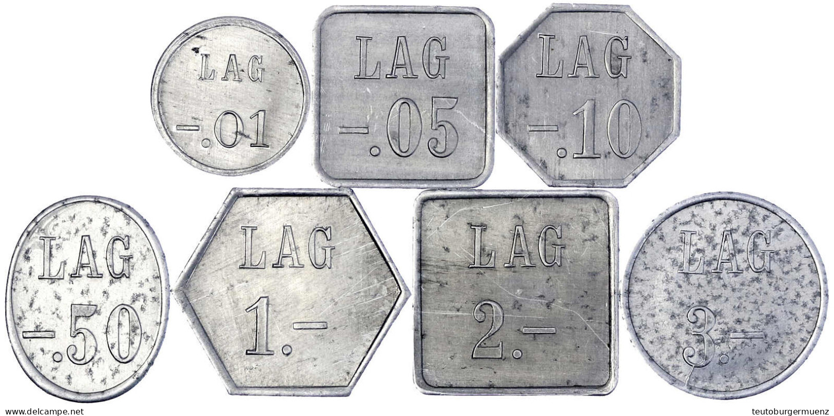 7 Aluminium-Wertmarken LAG (Lande-Anstalt Görden) Zu -.01, -.05, -.10, -.50, 1.-, 2.- Und 3.- (Mark) O.J. Komplette Seri - Other & Unclassified