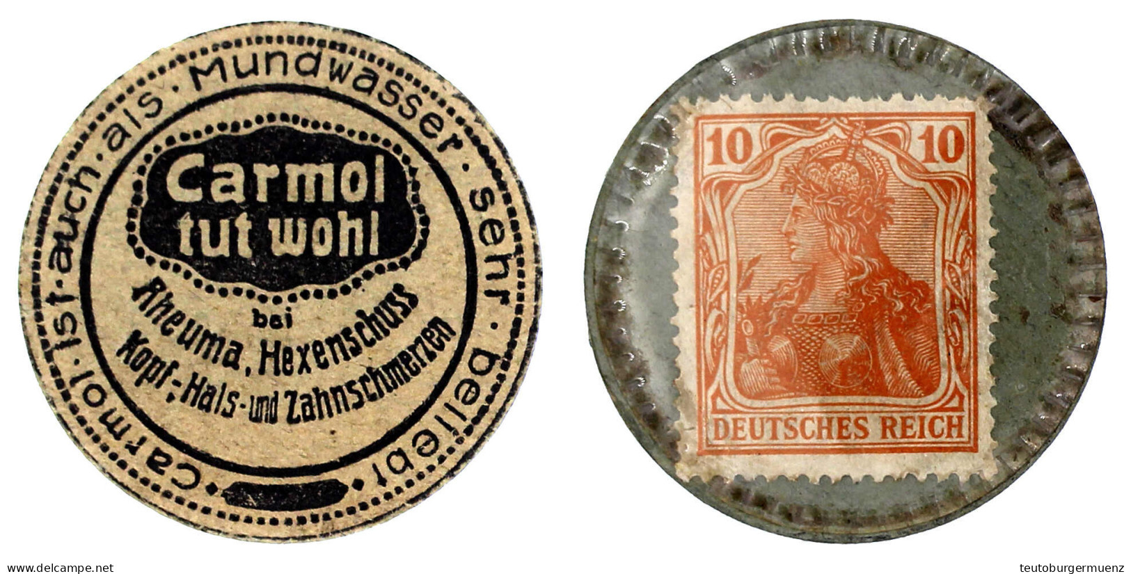 Briefmarkenkapselgeld, Carmol Tut Wohl... O.J. Papphülle Mit 10 Pf. Germania, MUG Grün. Vorzüglich, Min. Fleckig, Sehr S - Other & Unclassified
