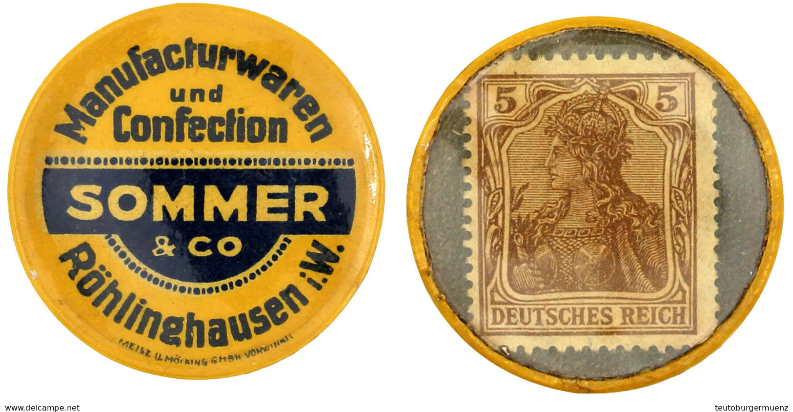 Briefmarkenkapselgeld, Manufacturwaren Und Confektion Sommer &amp; Co... O.J. Plastikhülle Mit 5 Pf. Germania, MUG Dunke - Autres & Non Classés