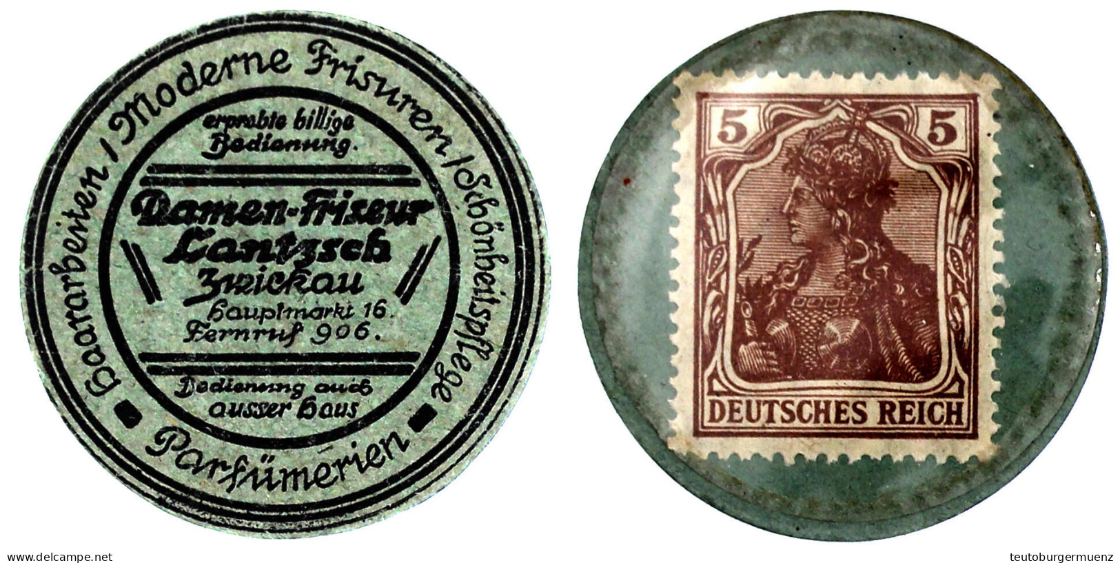 Briefmarkenkapselgeld, Haararbeiten / Moderne / Schönheitpflege... Friseur Lantzsch... O.J. Grüne Papphülle Mit 5 Pf. Ge - Collections