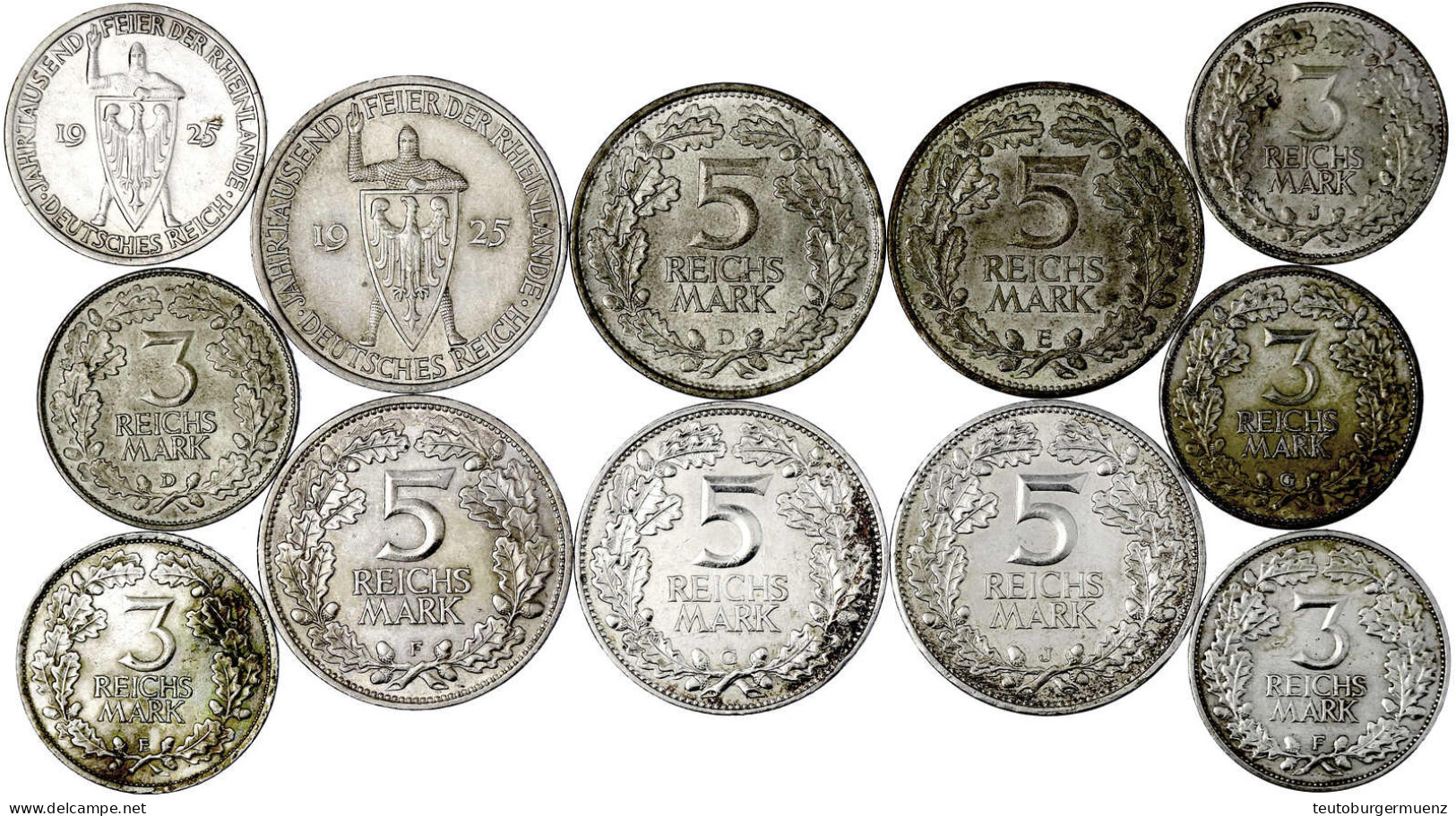 12 Stück, Komplette Serien 3 Und 5 Reichsmark 1925, Je A,D,E,F,G,J. Meist Vorzüglich. Jaeger 321 Und 322. - Autres & Non Classés
