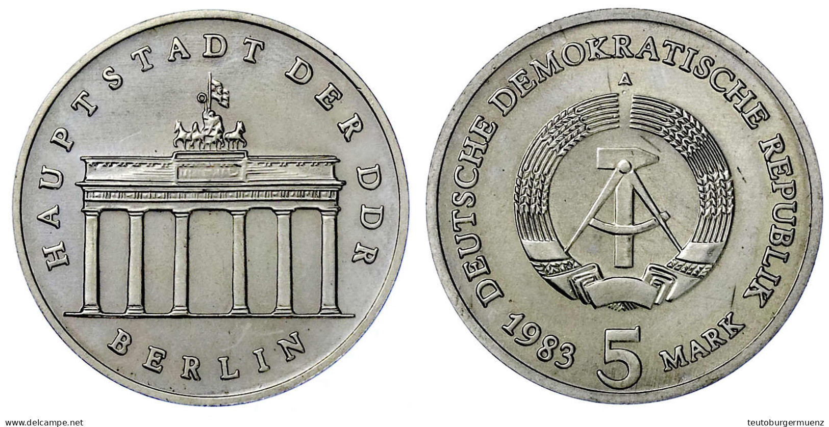 5 Mark 1983, Brandenburger Tor. Randschrift Läuft Rechts Herum. Auflage Nur 3000 Ex. Fast Stempelglanz, Selten. Jaeger 1 - Otros & Sin Clasificación