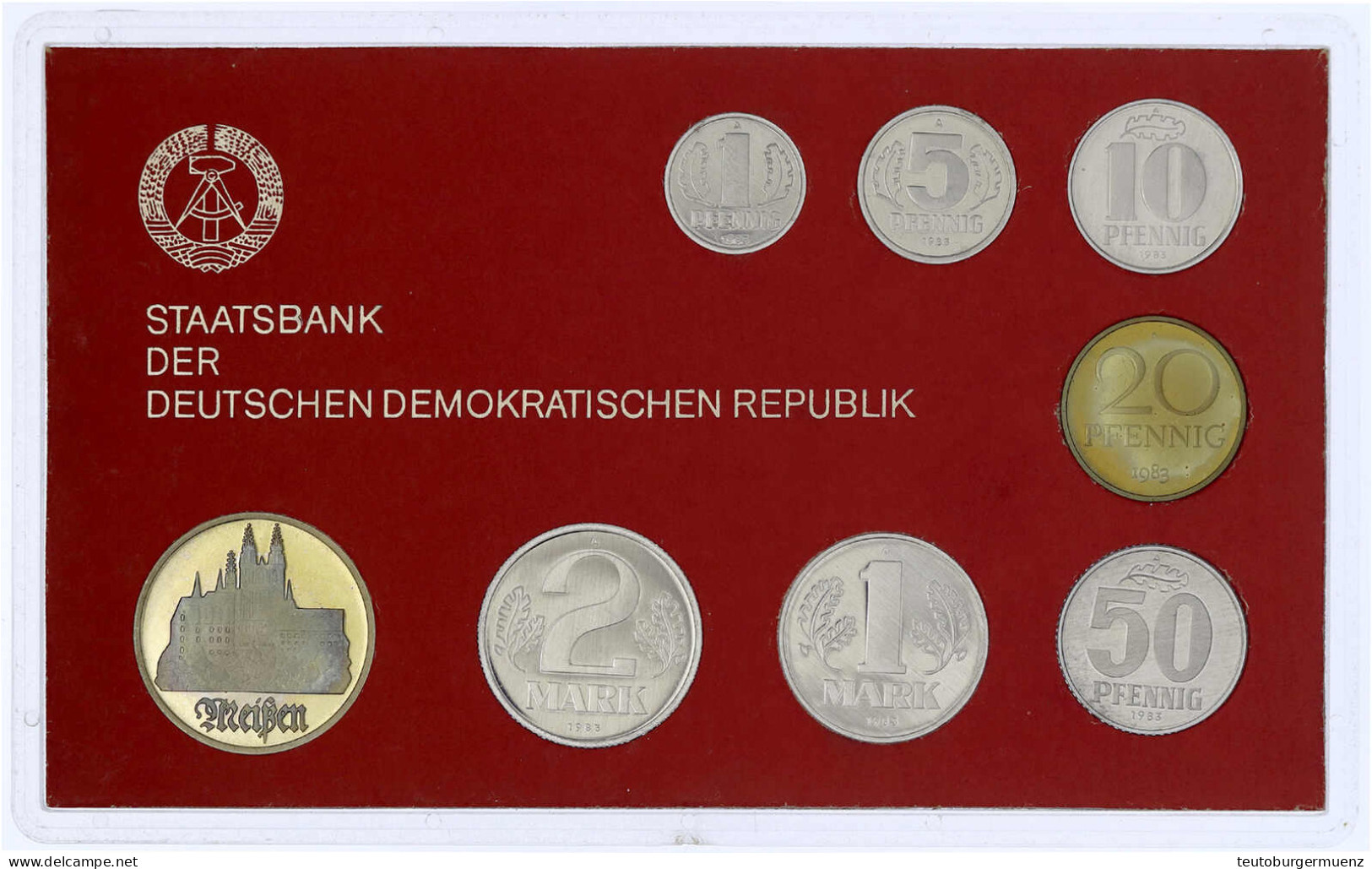 Kursmünzensatz Von 1 Pfennig Bis 5 Mark 1983 Mit 5 Mark Meissen. In Hartplastik Mit Rotem Inlett. Orig. VEB. Polierte Pl - Sonstige & Ohne Zuordnung