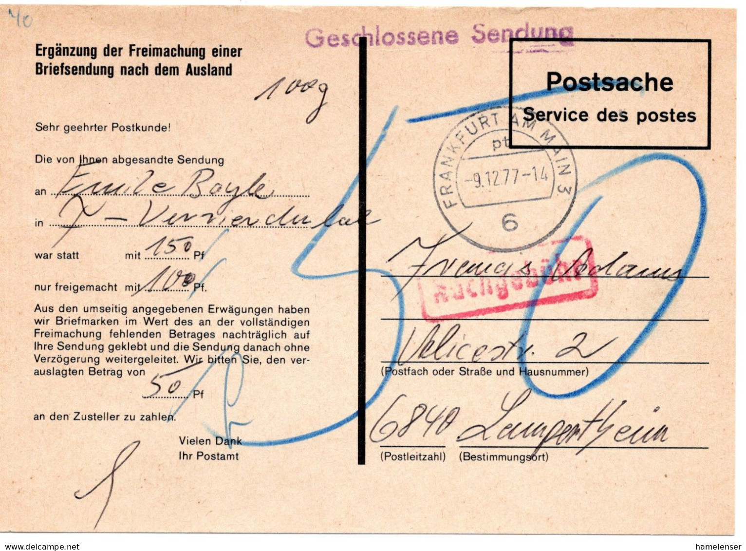 71654 - Bund - 1977 - NachportoKte Fuer LpDrucksBf Nach Frankreich, FRANKFURT -> Lampertheim, 50Pfg - Cartas & Documentos