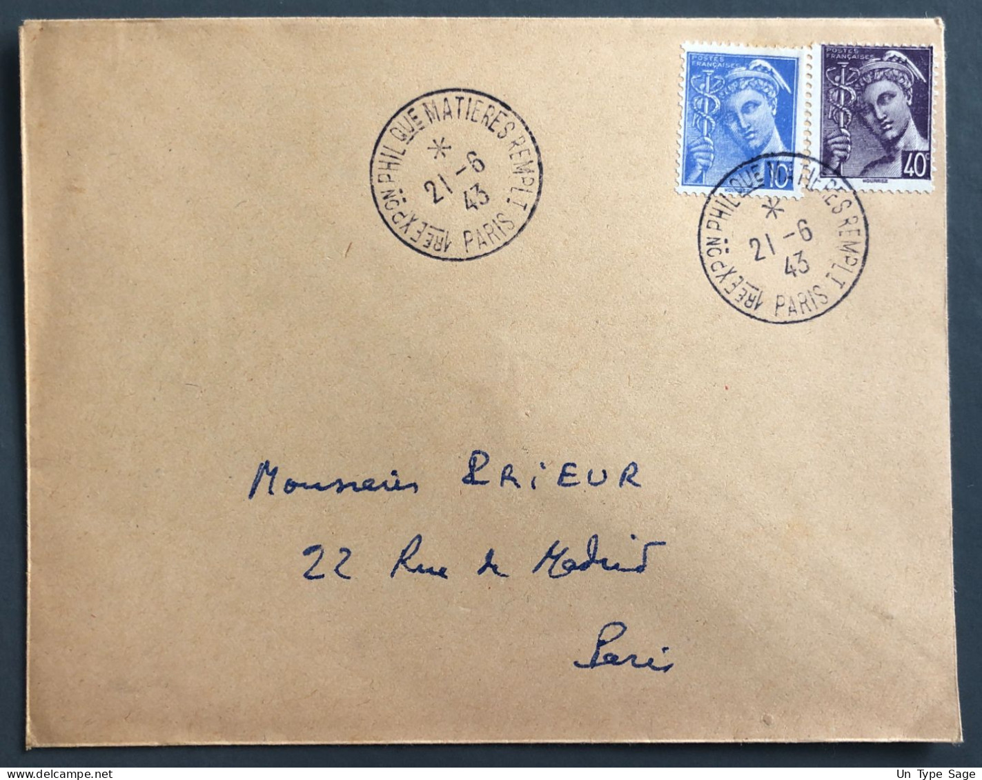 France, Cachet 1er EXPOon PHILque MATIERES REMPLI / PARIS 21.6.1943 Sur Enveloppe - (B2918) - Cachets Commémoratifs