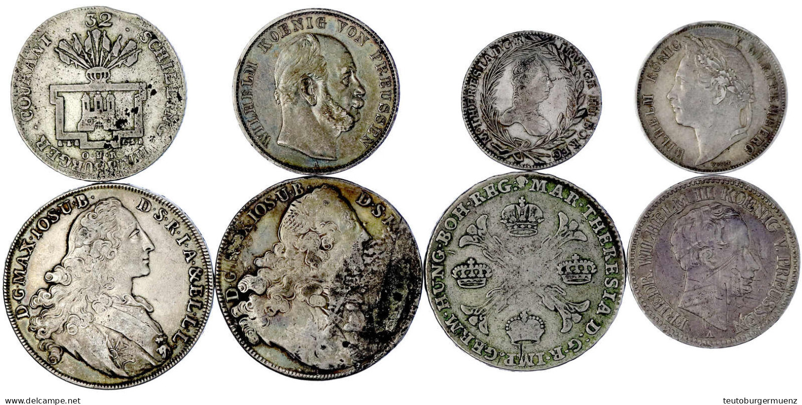 8 Silbermünzen: Bayern Madonnentaler 1765, Habsburg Kronentaler 1768 Brüssel, Preussen Taler 1826 A, Siegestaler 1871 A, - Autres & Non Classés