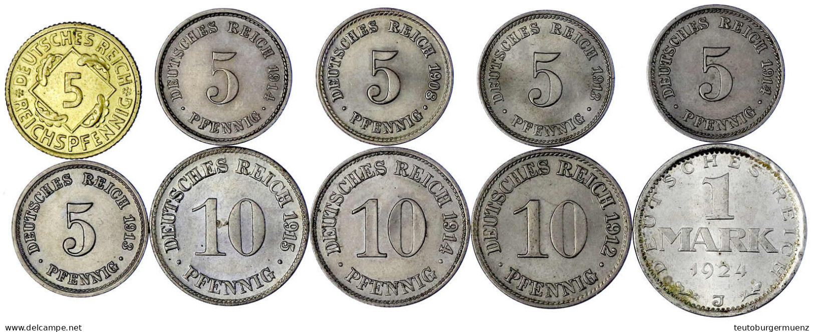 10 Gut Erhaltene Kleinmünzen: 5 Pfg. J. 12 1908 A, 1913 A, D, 1914 A, D, 10 Pfg. J. 13 1912 A, 1914 E, 1915 D, 1 Mark J. - Other & Unclassified