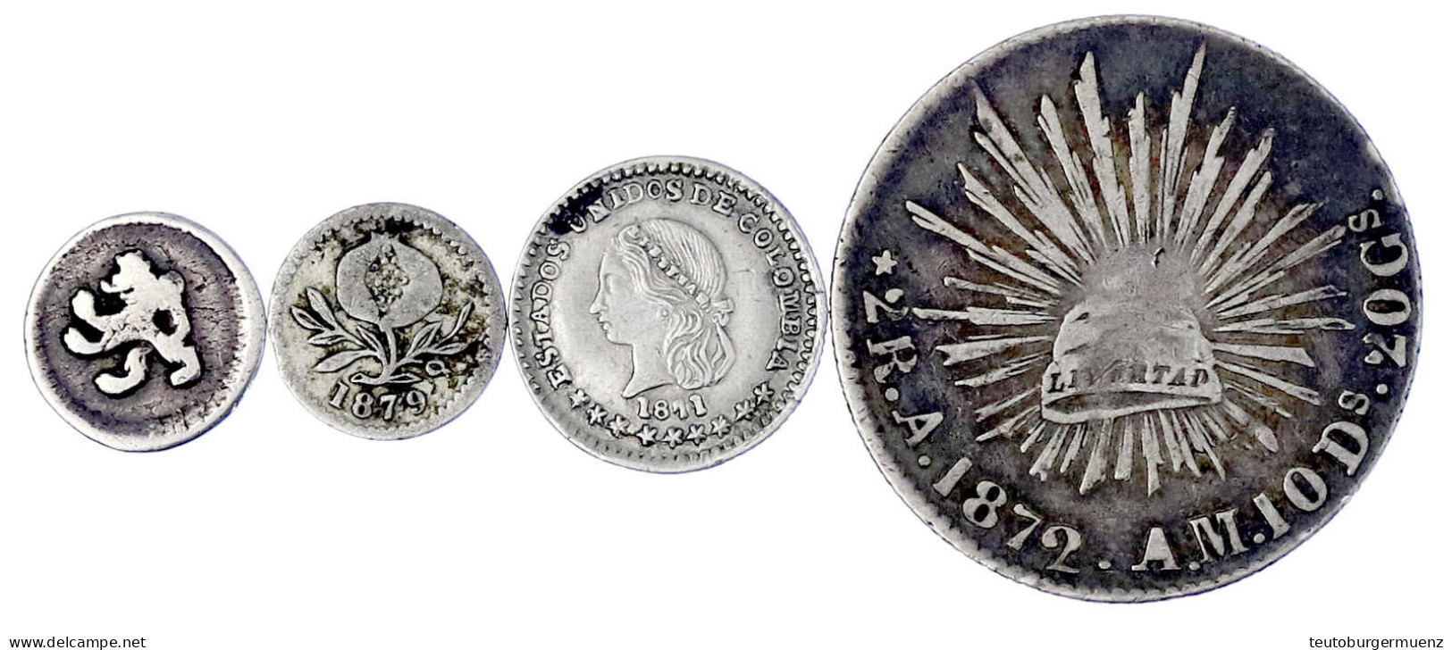 4 Silbermünzen: Mexiko 2 Reales 1872 Alamos, Kolumbien 2 1/2 Centavos 1879 Bogota, 1/4 Real O.J., 1/2 Decimo 1871 Medell - Autres – Amérique
