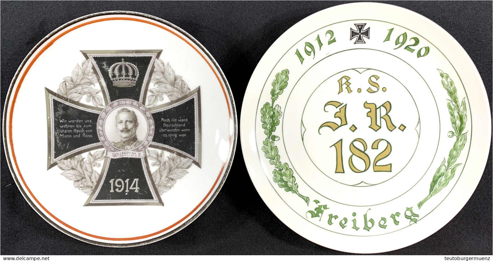 2 Porzellanteller: Bavaria 1914 Mit Eisernem Kreuz Und Büste Wilhelm II. 1914, Freiberg 1920 Infanterie-Regiment 182. Al - Other & Unclassified