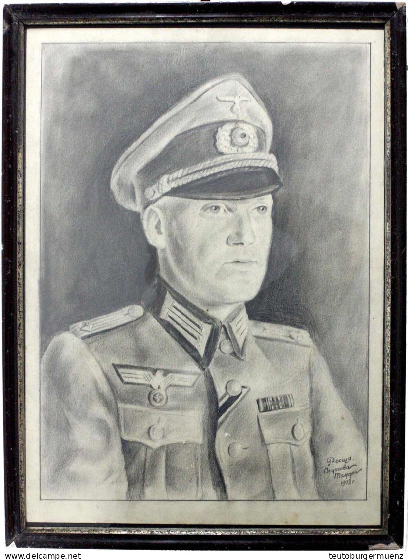 Drittes Reich: Kohlezeichnung, Portrait Eines Oberleutnant Der Wehrmacht, Datiert 1942, Russisch Signiert "Rossia, Oscho - Sonstige & Ohne Zuordnung