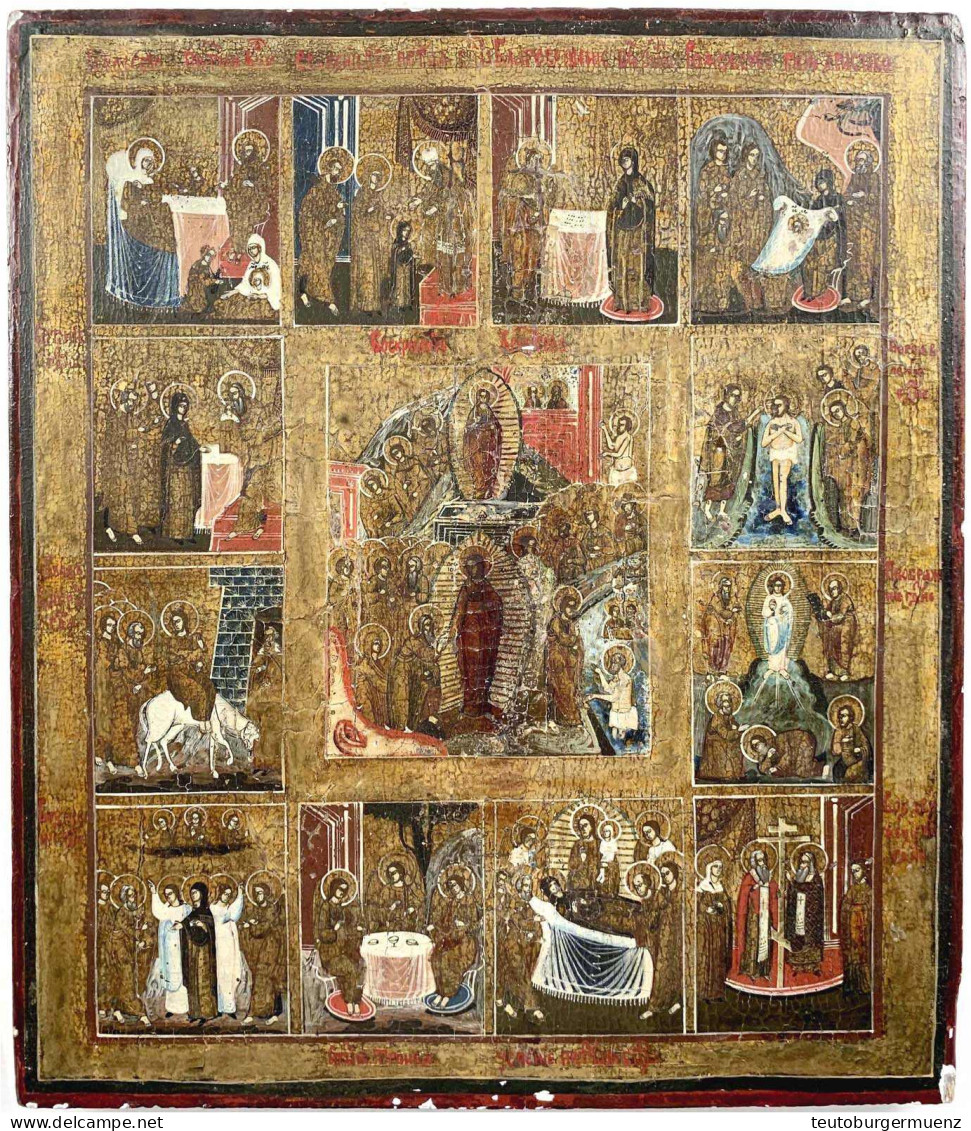 Russisch-orthodoxe Festtags-Ikone Des 19. Jh. Tempera Auf Holz. 12 Bildfelder Um Mittelbild. 44 X 38 Cm. Ein Holzblock A - Otros & Sin Clasificación