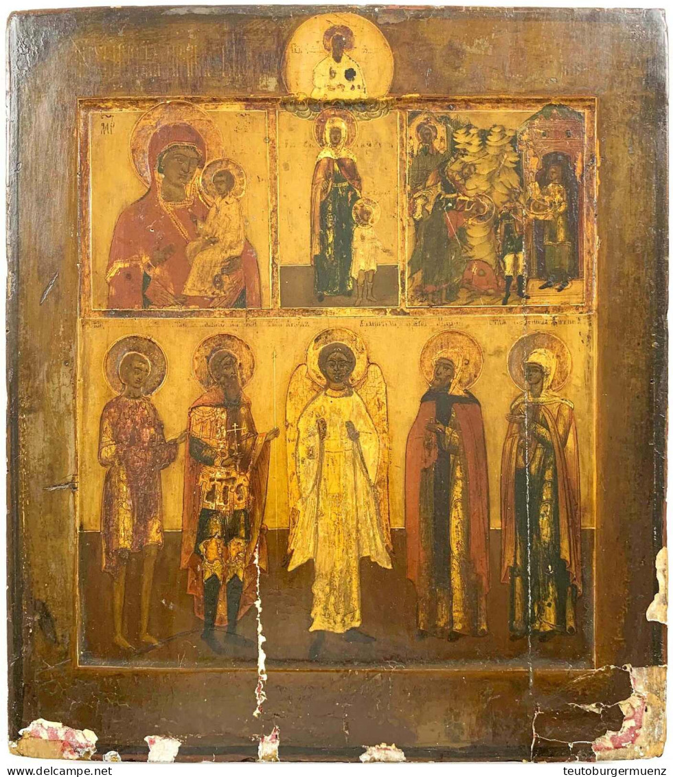 Russisch-orthodoxe Vier-Felder-Ikone Um 1830. Eitempera Auf Holz. Rechteckig, 30,5 X 35 Cm. Darstellung Madonna Mit Kind - Other & Unclassified