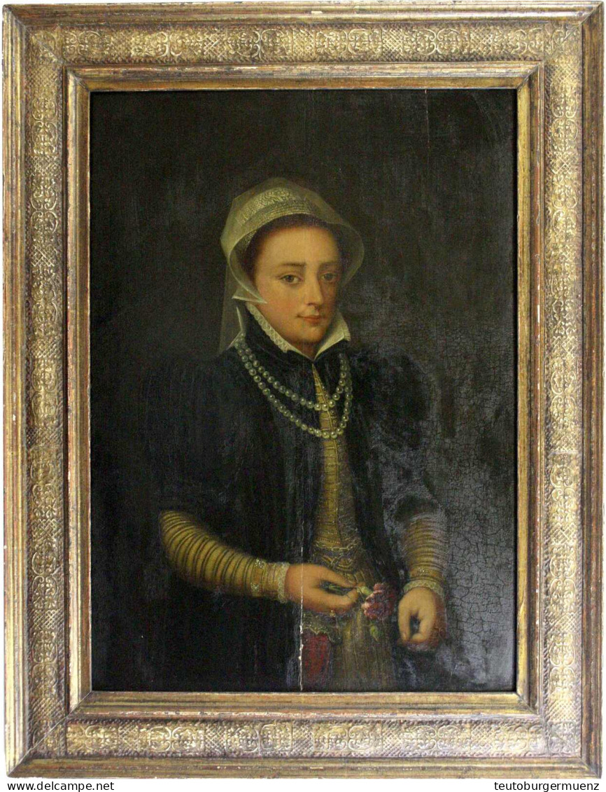 PIETER JANSZ POURBUS Oder Umkreis: Gemälde, Öl Auf Holz. Portrait Einer Dame, Stehend, Dreiviertel Länge, Gestreiftes Ob - Other & Unclassified